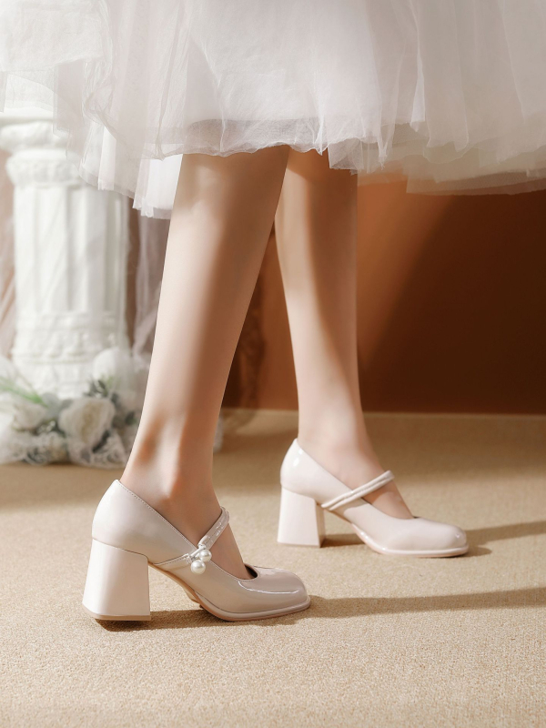 Dámske topánky French Mary Jane Plus Size 4341 s okrúhlou špičkou a vysokým krátkym hrubým podpätkom, malé, univerzálne, jemné, vysoké podpätky