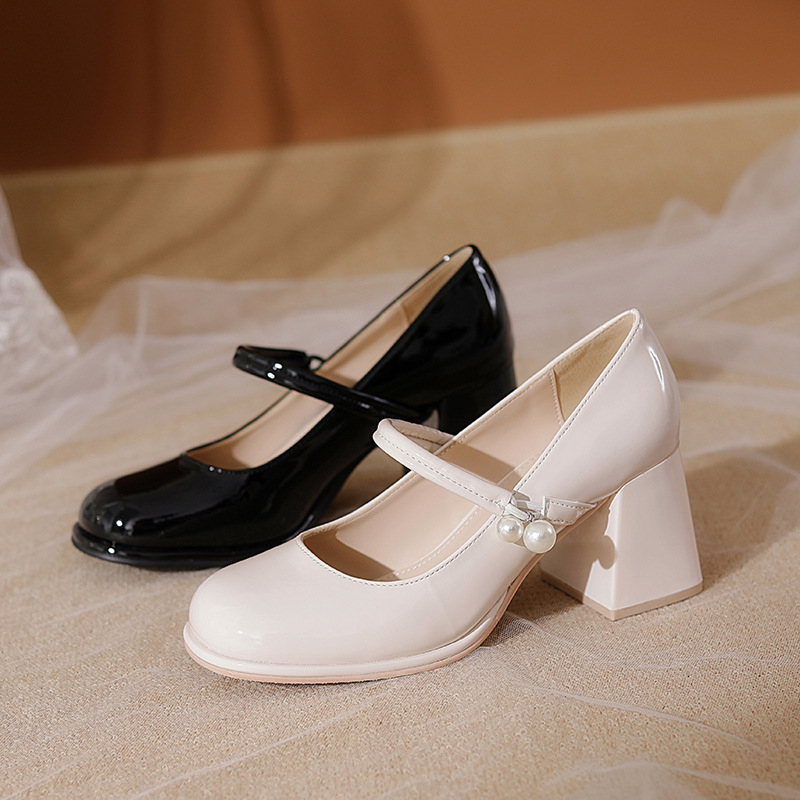 Dámske topánky French Mary Jane Plus Size 4341 s okrúhlou špičkou a vysokým krátkym hrubým podpätkom, malé, univerzálne, jemné, vysoké podpätky