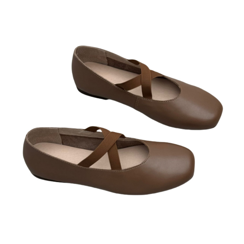 Pantofi din piele artistică și casual 25 primăvară și vară noi cu cap pătrat, plat, elastic, coardă, pantofi Mary Jane din piele moale Mori pentru femei