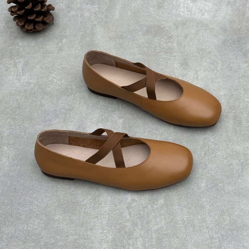 Pantofi din piele artistică și casual 25 primăvară și vară noi cu cap pătrat, plat, elastic, coardă, pantofi Mary Jane din piele moale Mori pentru femei