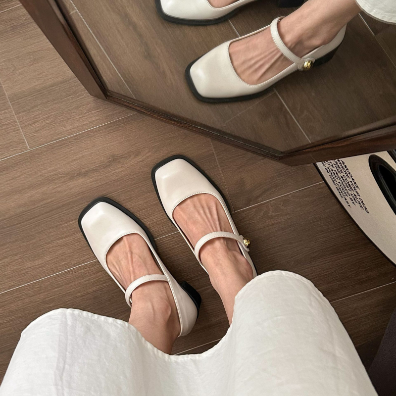 Γυναικεία ψηλοτάκουνα παπούτσια γαλλικού στιλ με αγκράφα και μεσαίο τακούνι, για την άνοιξη και το φθινόπωρο, με χοντρό τακούνι, τετράγωνη μύτη, ρηχά παπούτσια Mary Jane, Γυναικεία παπούτσια Vintage