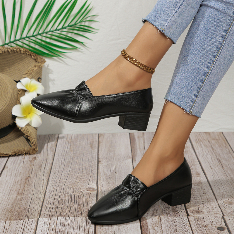 Dámske topánky z mäkkej kože s mäkkou podrážkou, jednovrstvové, jar 2024, nové, so stredným podpätkom, ležérne, univerzálne, s plytkými ústami, špicaté, malé kožené topánky, dámske