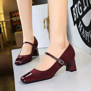 5296 Γυναικεία Παπούτσια Ευρωπαϊκού και Αμερικανικού Στυλ, Χοντρό Τακούνι στη Μέση Στάση, Ρηχό, Τετράγωνο Ραφτό Κεφάλι, Μονά Σουέτ με Λεοπάρ Στάμπα και Αγκράφα με Στρας