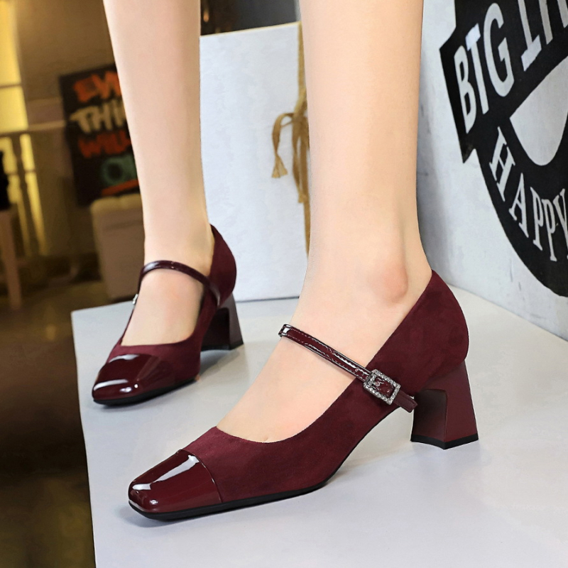 5296 Γυναικεία Παπούτσια Ευρωπαϊκού και Αμερικανικού Στυλ, Χοντρό Τακούνι στη Μέση Στάση, Ρηχό, Τετράγωνο Ραφτό Κεφάλι, Μονά Σουέτ με Λεοπάρ Στάμπα και Αγκράφα με Στρας