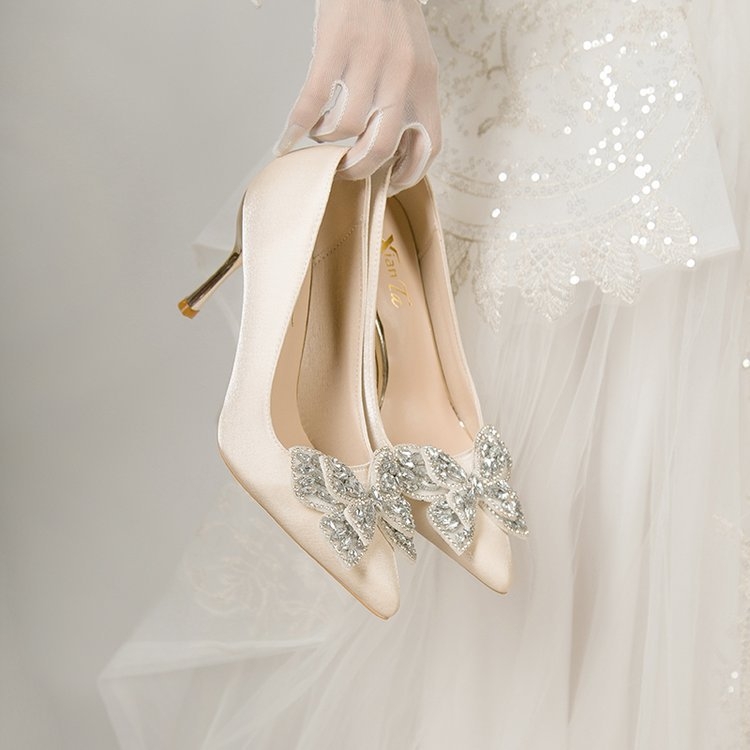 Jar/jeseň Leto 2024 Nový prírastok Dámske vysoké podpätky s kamienkami na ihličkovom podpätku, francúzska móda, banketové a svadobné topánky pre nevesty a družičky