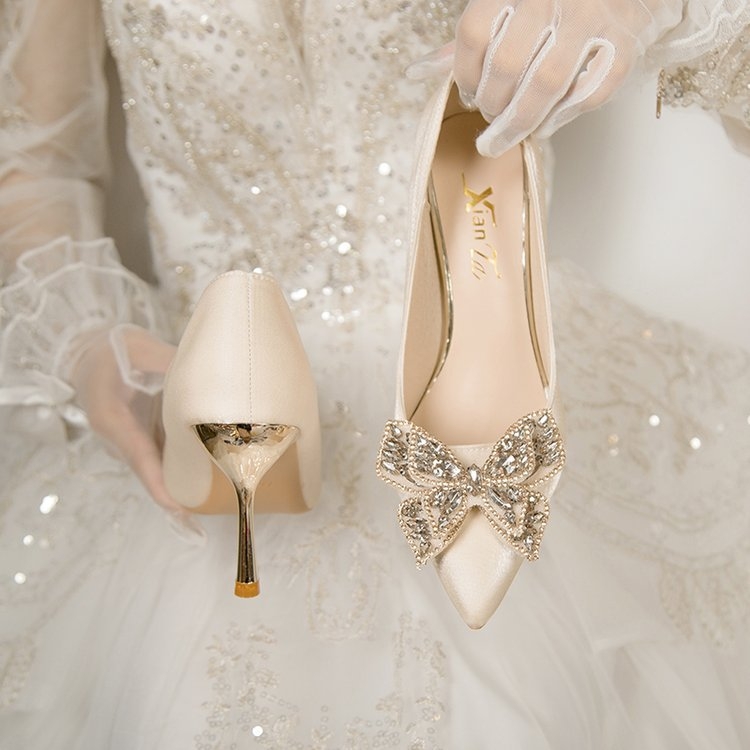 Jar/jeseň Leto 2024 Nový prírastok Dámske vysoké podpätky s kamienkami na ihličkovom podpätku, francúzska móda, banketové a svadobné topánky pre nevesty a družičky