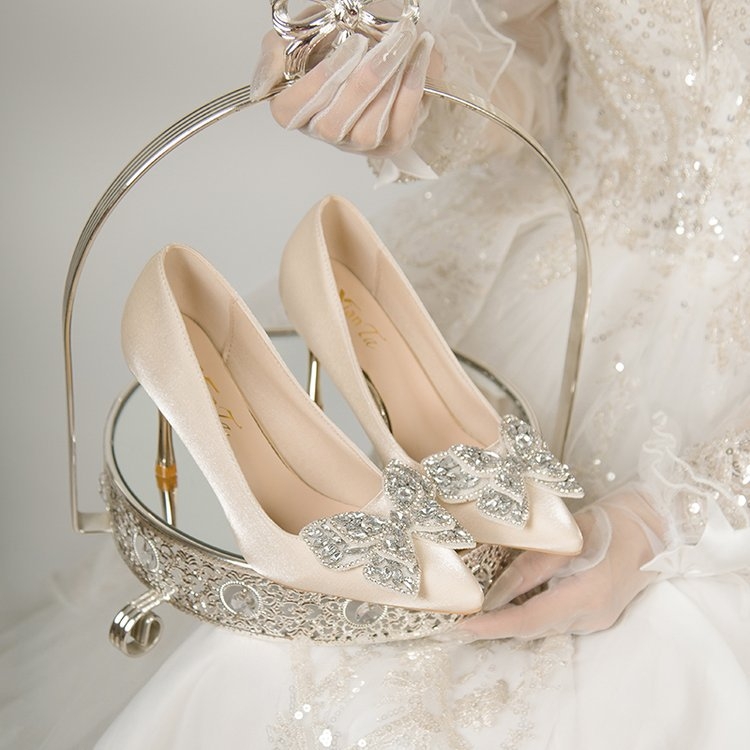 Jar/jeseň Leto 2024 Nový prírastok Dámske vysoké podpätky s kamienkami na ihličkovom podpätku, francúzska móda, banketové a svadobné topánky pre nevesty a družičky