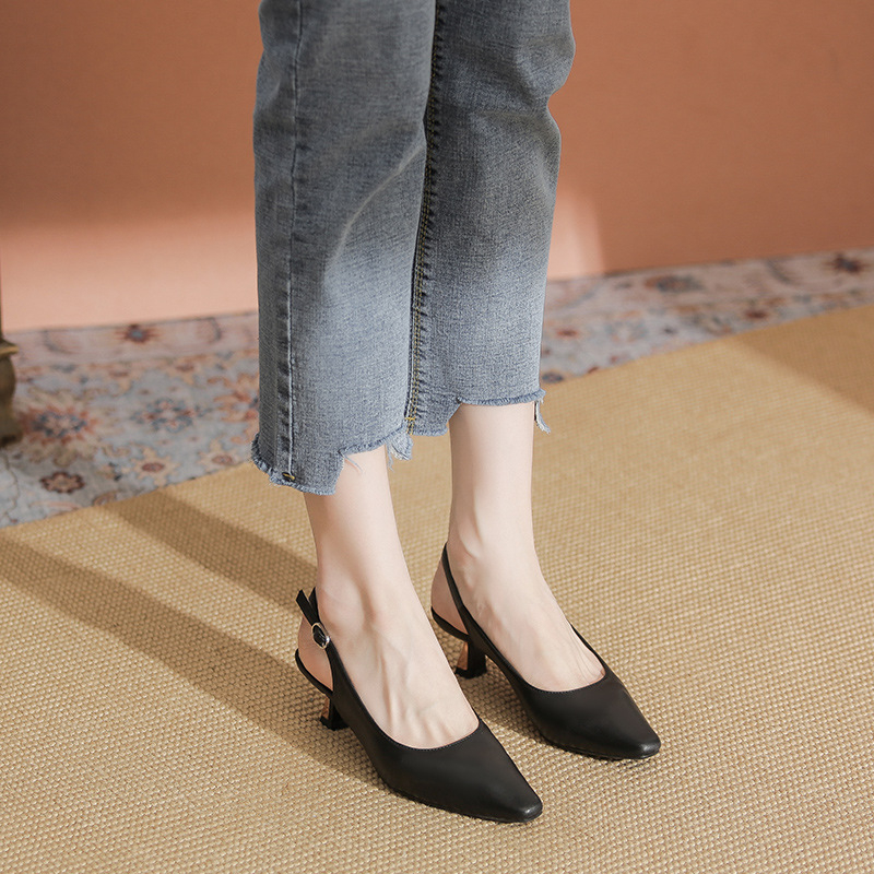 525-1 Francuske cipele od prave kože s malim četvrtastim vrhom i štiklom, jednoslojne cipele, nove proljetne i ljetne sandale s zatvorenim prstima, polupapuče za žene