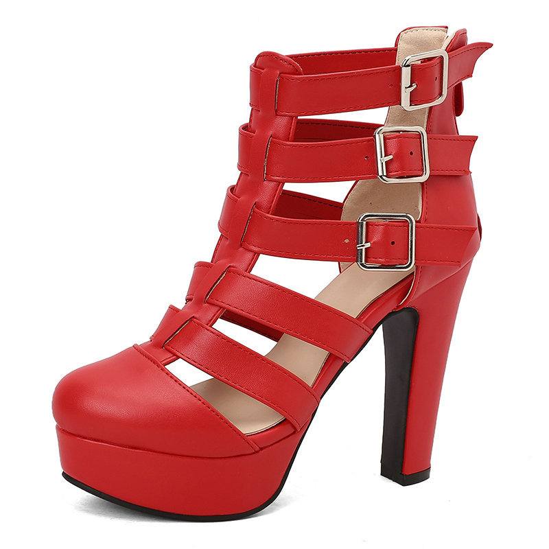 Sandale s visokom petom, ljetne, okrugle, s debelim potplatom, debela peta, ultra visoka peta, kopča za remen, ukrasne, izdubljene, ženske sandale s patentnim zatvaračem sa stražnje strane, visoke pete