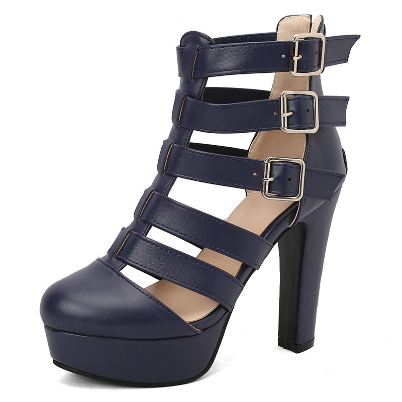 Sandale s visokom petom, ljetne, okrugle, s debelim potplatom, debela peta, ultra visoka peta, kopča za remen, ukrasne, izdubljene, ženske sandale s patentnim zatvaračem sa stražnje strane, visoke pete