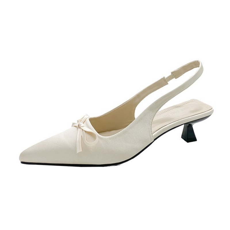 Proljetne i jesenske francuske elegantne satenske visoke pete za žene 2025., smeđe, sa špicastim vrhom i plitkom mašnom