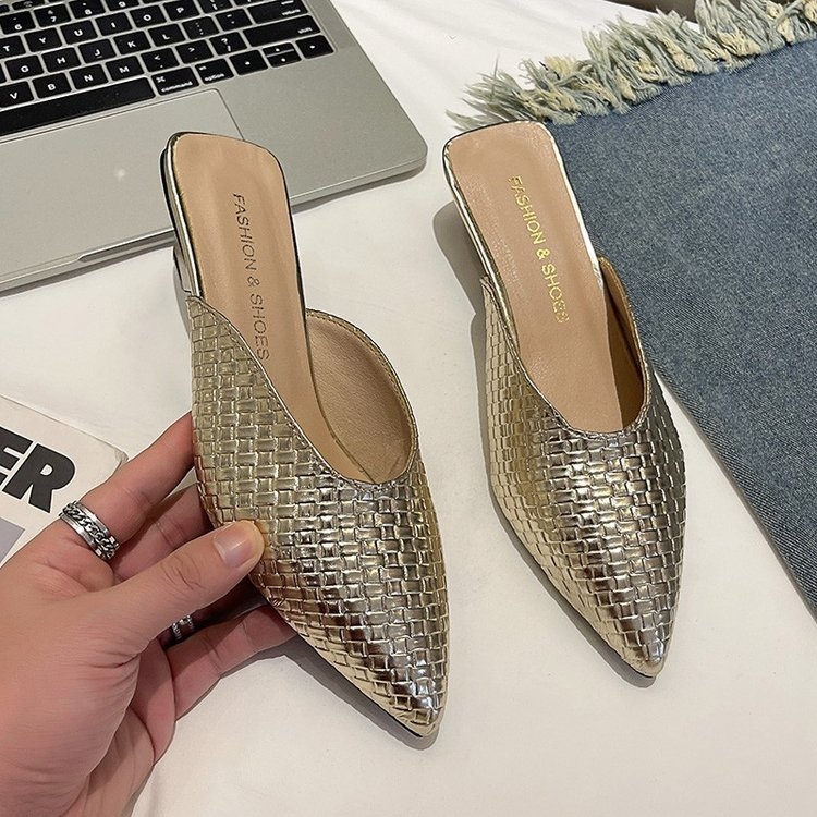 Aukštakulniai „Baotou“ šlepetės moterims, 2025 m. pavasario ir vasaros, naujos, akmeninio rašto, vienspalvės, moteriškos šlepetės smailiu, storu kulnu ir vidutinio kulno.