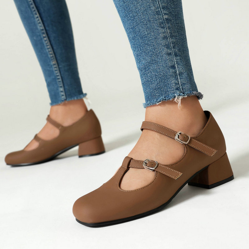 Retro Mary Jane ženske jednoslojne cipele za proljeće i jesen, kvadratni vrh, debela peta, visoka peta s šupljom kopčom u obliku slova T, visoke pete u britanskom stilu, ležerne