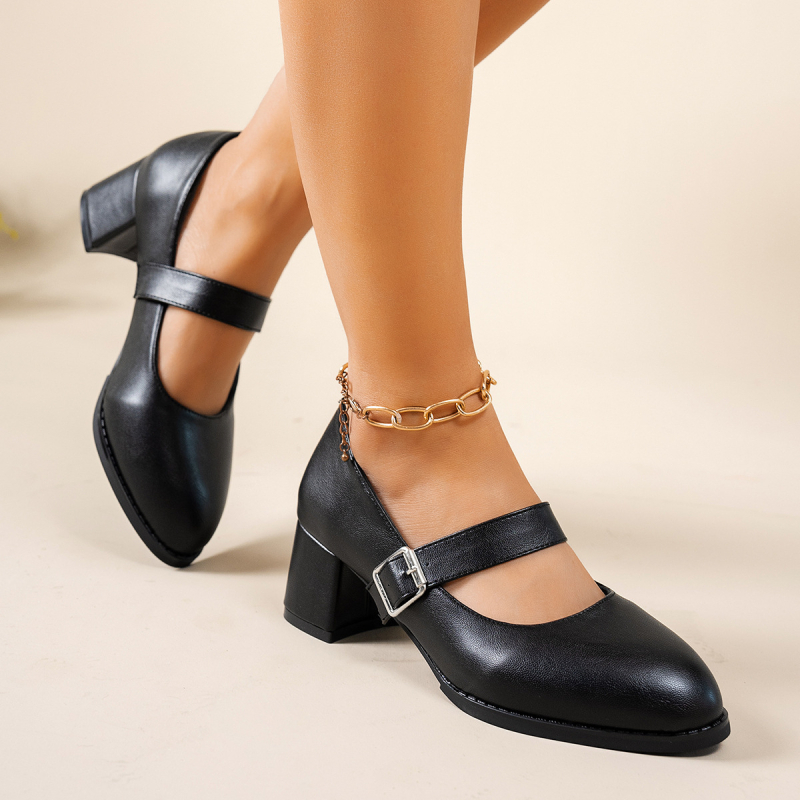 Pantofi cu toc înalt de mărime mare pentru comerț exterior 2025, pantofi cu toc înalt, rotunzi, negri, la modă, de primăvară