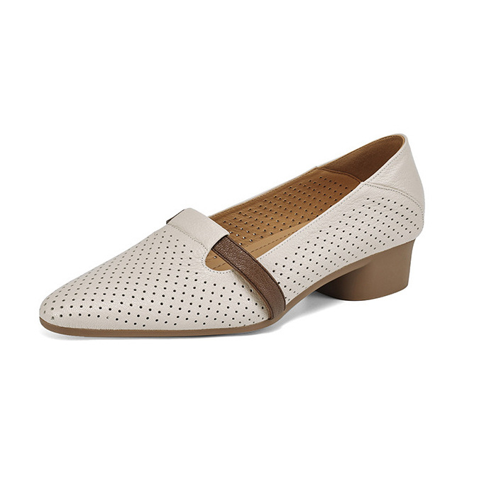 Natūralios odos tuščiavidurės moteriškos basutės 2025 m. naujos vasaros storakulniai žemi kulniukai minkštas padas motininiai bateliai kvėpuojantys skylutės viengubi bateliai