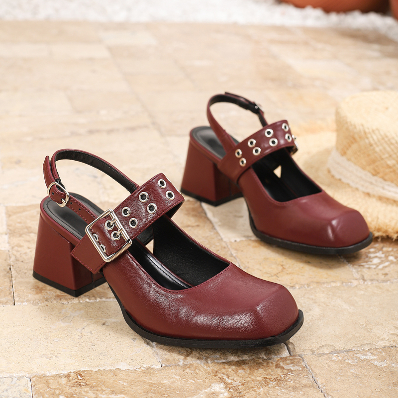 Cezhraničný zahraničný obchod Dámske topánky európskej veľkosti s hrubým podpätkom, štvorcovou hlavou, vínovočervené, plus size, veľkosť 32-45, hrubý podpätok, vysoké podpätky 6 cm