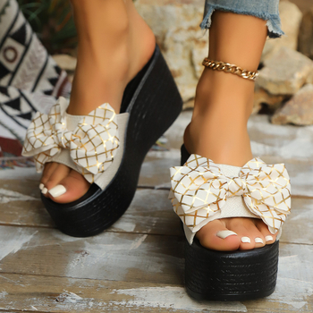 Vanjska trgovina plus size papuče na klinu ženske ljetne nove modne papuče s mašnom, debelim dnom, sandale s uzorkom ribljeg usta za žene