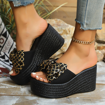 Vanjska trgovina plus size papuče na klinu ženske ljetne nove modne papuče s mašnom, debelim dnom, sandale s uzorkom ribljeg usta za žene