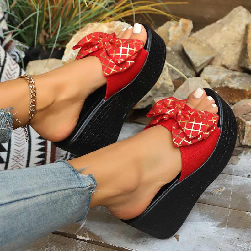 Vanjska trgovina plus size papuče na klinu ženske ljetne nove modne papuče s mašnom, debelim dnom, sandale s uzorkom ribljeg usta za žene