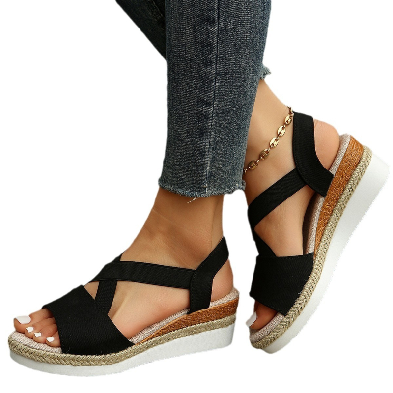 Pārrobežu ārējās tirdzniecības plus izmēra vasaras kaņepju virves salmu platformas augstpapēžu sandales ar atvērtu purngalu sieviešu ķīļveida pludmales apavi
