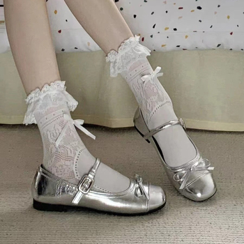 Γυναικεία παπούτσια μπαλέτου με ασημί φιόγκο και ρηχό στόμα, νέα γαλλικά φλατ παπούτσια Mary Jane με χαμηλοτάκουνα, για το καλοκαίρι και το φθινόπωρο του 2024