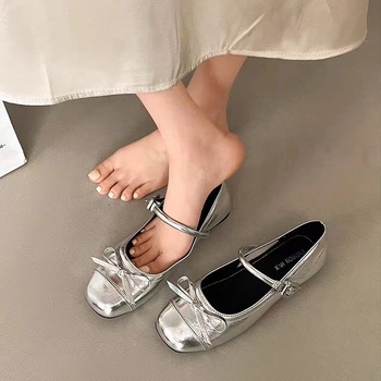 Γυναικεία παπούτσια μπαλέτου με ασημί φιόγκο και ρηχό στόμα, νέα γαλλικά φλατ παπούτσια Mary Jane με χαμηλοτάκουνα, για το καλοκαίρι και το φθινόπωρο του 2024