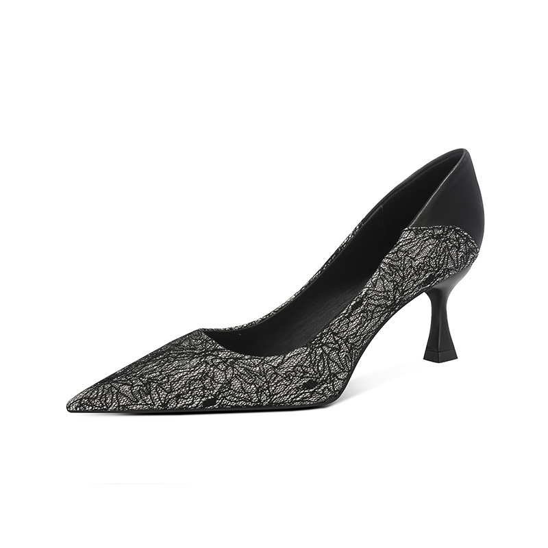 Proljeće i jesen 2025., novi dolazak, jednoslojne cipele, seksi čipkaste, elegantne, špicaste francuske crne, visoke pete za žene, štikle