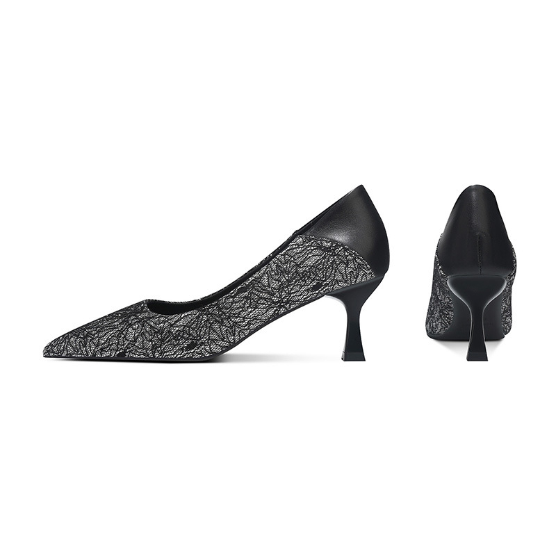 Proljeće i jesen 2025., novi dolazak, jednoslojne cipele, seksi čipkaste, elegantne, špicaste francuske crne, visoke pete za žene, štikle