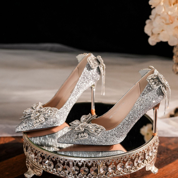 6681-23-099 vudbene cipele s mašnom i šljokicama, cirkonima i resicama, luksuzne cipele s visokom potpeticom