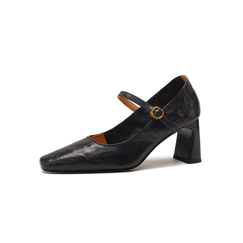 [Skladom] Čierne topánky na vysokom podpätku z mäkkej kozej kože, francúzske retro topánky s hrubým podpätkom a jedným remienkom, pre ženy