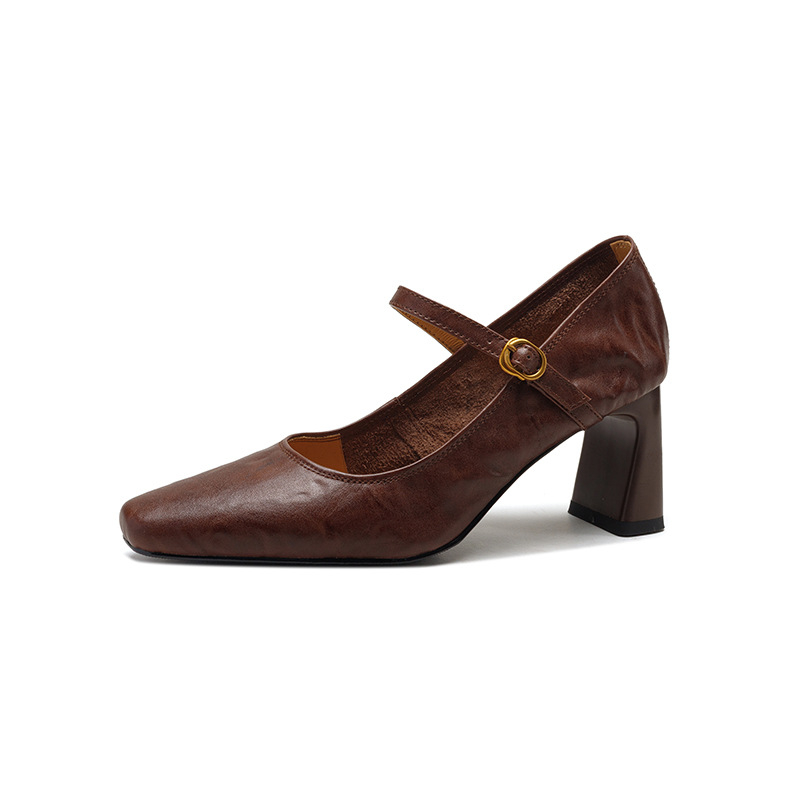 [Skladom] Čierne topánky na vysokom podpätku z mäkkej kozej kože, francúzske retro topánky s hrubým podpätkom a jedným remienkom, pre ženy