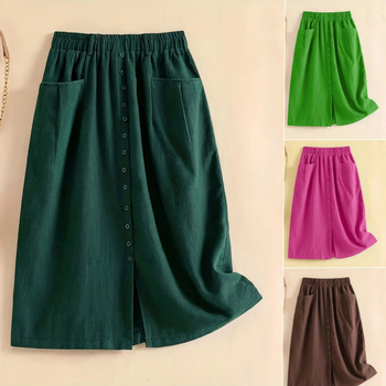 Európa a Spojené štáty americké cezhraničná 2024 nová jarná a jesenná vintage bavlnená a ľanová voľná sukňa s elastickým pásom, bavlnená sukňa s dlhým rukávom