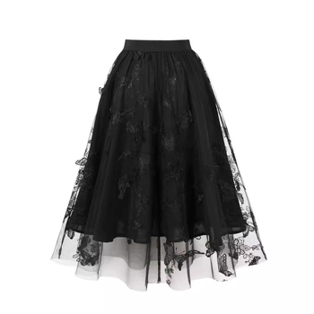 Νέα, ψηλόμεση, αδυνατιστική φούστα midi σε γραμμή Α με δαντέλα και mesh, γυναικεία φούστα factory ίσια