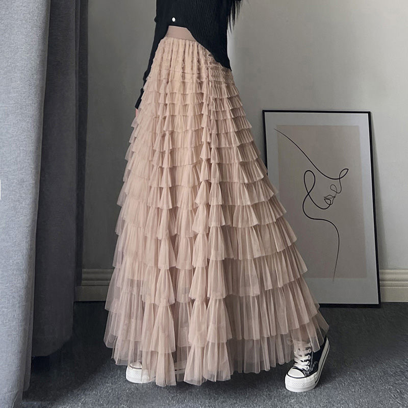 Fairy Heavy Industry mrežasta suknja za tortu za žene, proljetni i ljetni dugi gležanj, dizajn Sense Niche, duga suknja za mršavljenje s velikim zamahom
