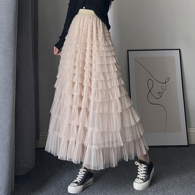 Fairy Heavy Industry mrežasta suknja za tortu za žene, proljetni i ljetni dugi gležanj, dizajn Sense Niche, duga suknja za mršavljenje s velikim zamahom