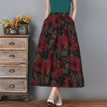 Φθινοπωρινή φούστα με στάμπα από βαμβάκι και λινό για 40-50 ετών, κομψή μακριά φούστα με μεγάλο στρίφωμα και τσέπες, γυναικεία φούστα, φούστα μαμάς