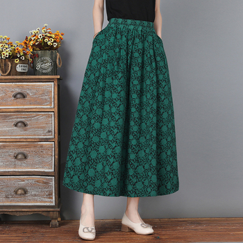 Φθινοπωρινή φούστα με στάμπα από βαμβάκι και λινό για 40-50 ετών, κομψή μακριά φούστα με μεγάλο στρίφωμα και τσέπες, γυναικεία φούστα, φούστα μαμάς