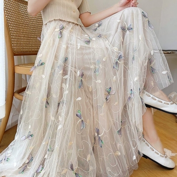 Γυναικεία φούστα mesh νέου στυλ 2025, καλοκαιρινή ψηλόμεση, πλισέ φούστα μεσαίου μήκους σε σχήμα Α, ανθεκτική, κεντημένη φούστα με πέπλο
