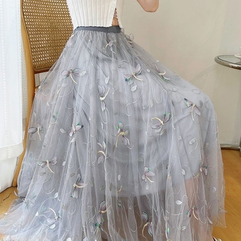 Γυναικεία φούστα mesh νέου στυλ 2025, καλοκαιρινή ψηλόμεση, πλισέ φούστα μεσαίου μήκους σε σχήμα Α, ανθεκτική, κεντημένη φούστα με πέπλο