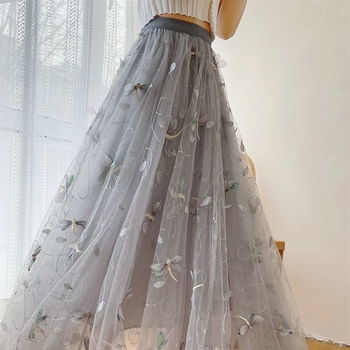 Γυναικεία φούστα mesh νέου στυλ 2025, καλοκαιρινή ψηλόμεση, πλισέ φούστα μεσαίου μήκους σε σχήμα Α, ανθεκτική, κεντημένη φούστα με πέπλο