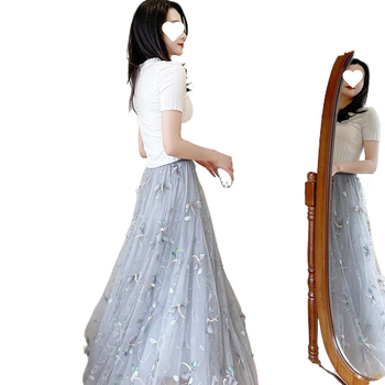 Γυναικεία φούστα mesh νέου στυλ 2025, καλοκαιρινή ψηλόμεση, πλισέ φούστα μεσαίου μήκους σε σχήμα Α, ανθεκτική, κεντημένη φούστα με πέπλο