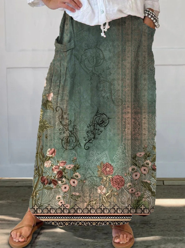 Amazon Independent Station Prekogranična proljetna i ljetna nova ležerna široka ženska retro cvjetna suknja s džepovima