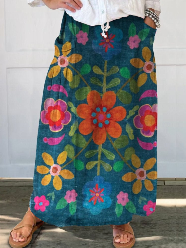 Amazon Independent Station Prekogranična proljetna i ljetna nova ležerna široka ženska retro cvjetna suknja s džepovima