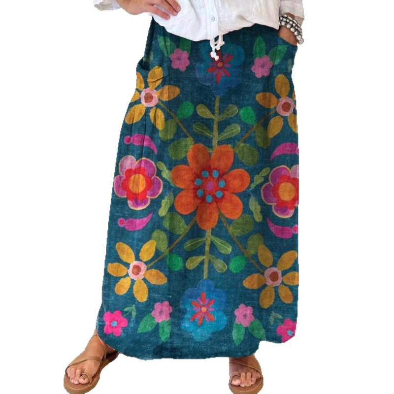 Amazon Independent Station Prekogranična proljetna i ljetna nova ležerna široka ženska retro cvjetna suknja s džepovima