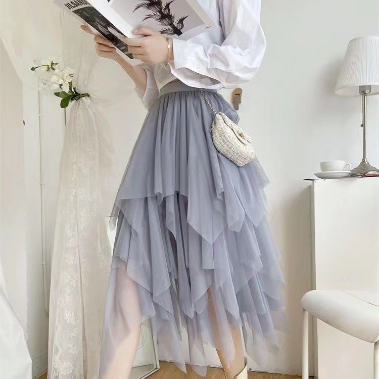 Veo suknja Ženska suknja Super Fairy Proljetna suknja srednje duljine visokog struka za mršavljenje A-kroja Nepravilna mrežasta suknja Crna suknja