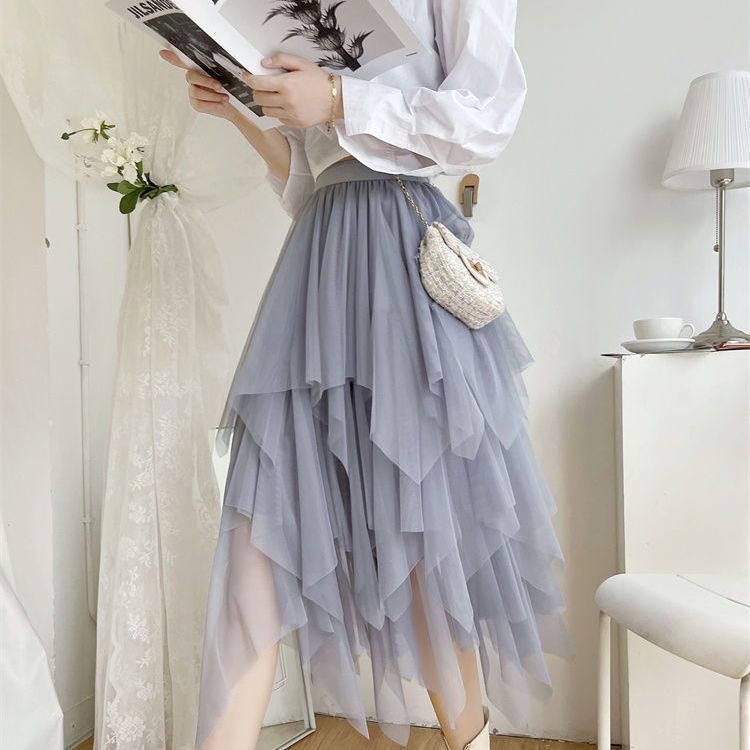 Veo suknja Ženska suknja Super Fairy Proljetna suknja srednje duljine visokog struka za mršavljenje A-kroja Nepravilna mrežasta suknja Crna suknja