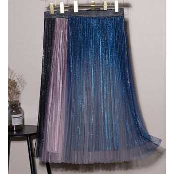 Γυναικεία φούστα με ντεγκραντέ πλέγμα, νέα, μεσαίου μήκους, φούστα με φαρδιά πτυχωτή πλέξη και πέπλο, λεπτή φούστα σε γραμμή Α με νεράιδα, ψηλή μέση