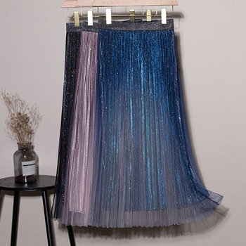 Γυναικεία φούστα με ντεγκραντέ πλέγμα, νέα, μεσαίου μήκους, φούστα με φαρδιά πτυχωτή πλέξη και πέπλο, λεπτή φούστα σε γραμμή Α με νεράιδα, ψηλή μέση