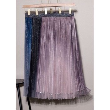 Γυναικεία φούστα με ντεγκραντέ πλέγμα, νέα, μεσαίου μήκους, φούστα με φαρδιά πτυχωτή πλέξη και πέπλο, λεπτή φούστα σε γραμμή Α με νεράιδα, ψηλή μέση