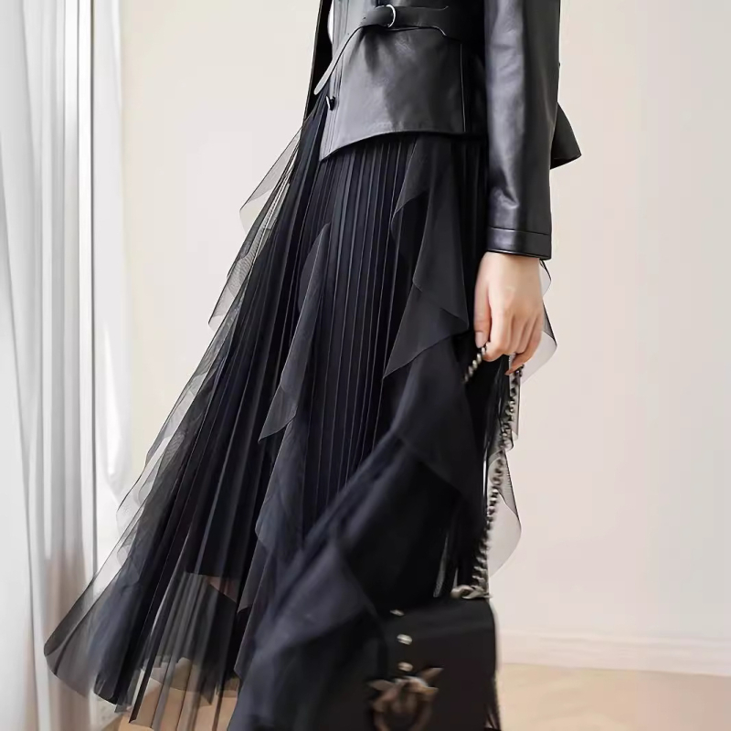 Ekskluzivna prekogranična ponuda nabrane, nježne mrežaste suknje S-5Xl više veličina za žene, midi suknja velikih širina i naboranih suknji